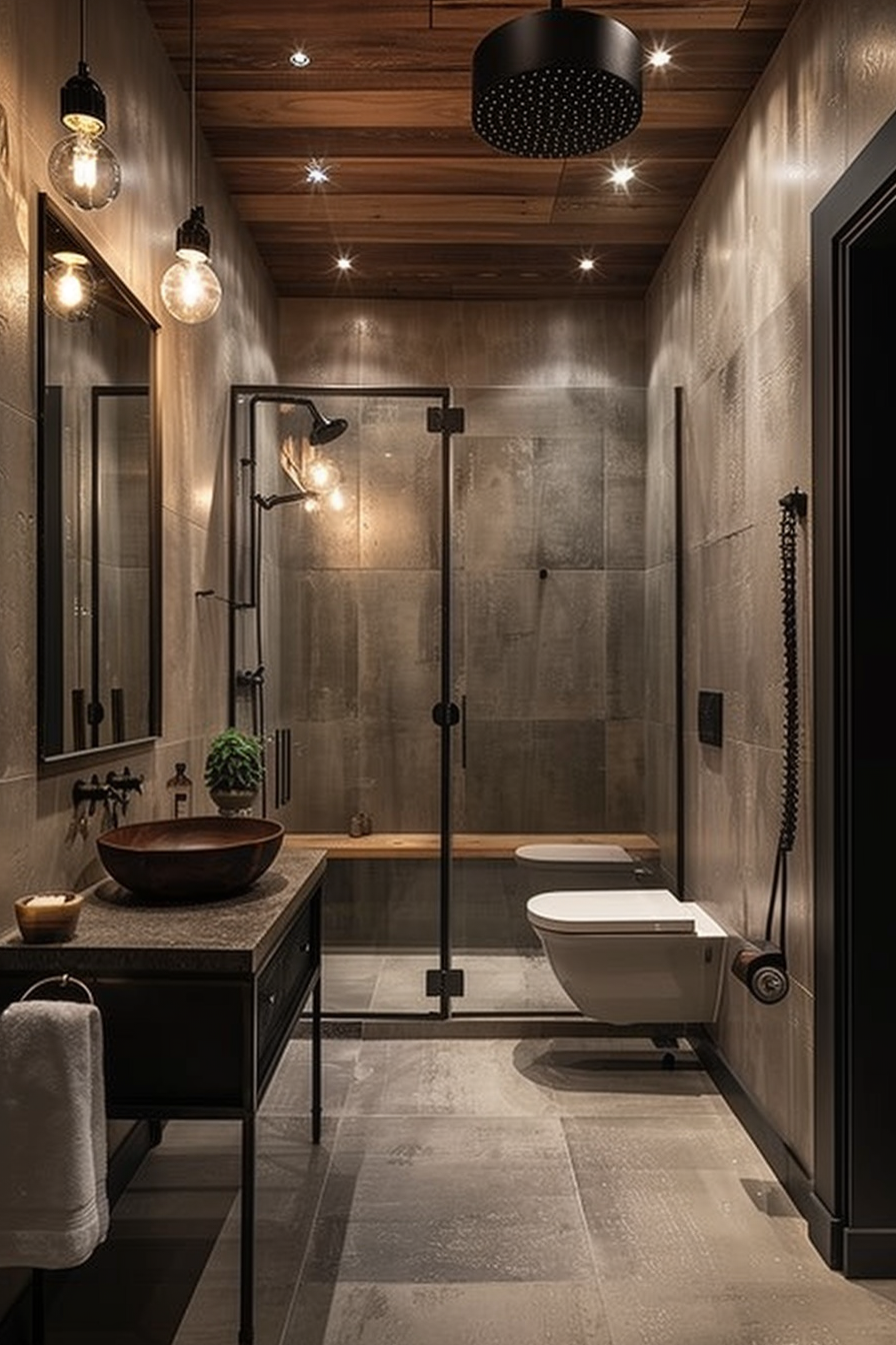 Modern bathroom interior with wood ceiling, concrete walls, glass shower, and stylish fixtures.