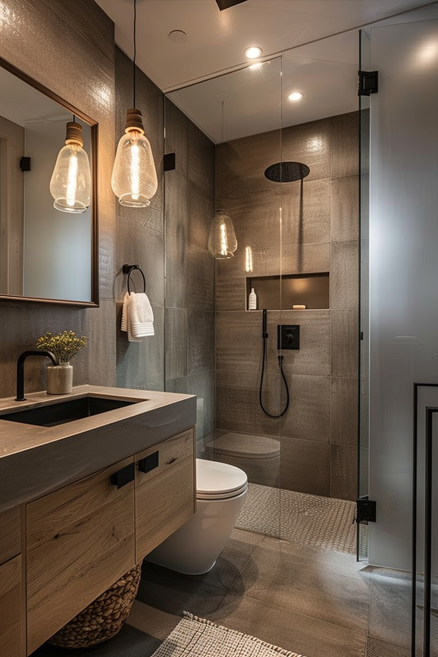 Modern bathroom with wooden vanity, pendant lights, walk-in shower, and neutral color palette.