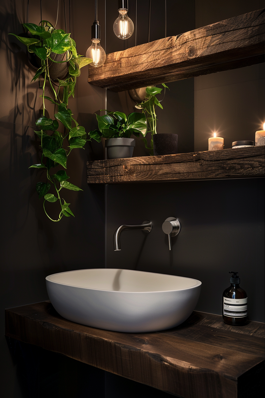 A modern bathroom sink on a wooden shelf, with hanging green plants, exposed bulb lights, and lit candles creating a cozy atmosphere.