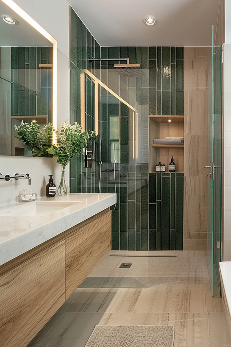 Modern bathroom interior with a wooden vanity, green tiles, large mirror, walk-in shower, and recessed lighting.