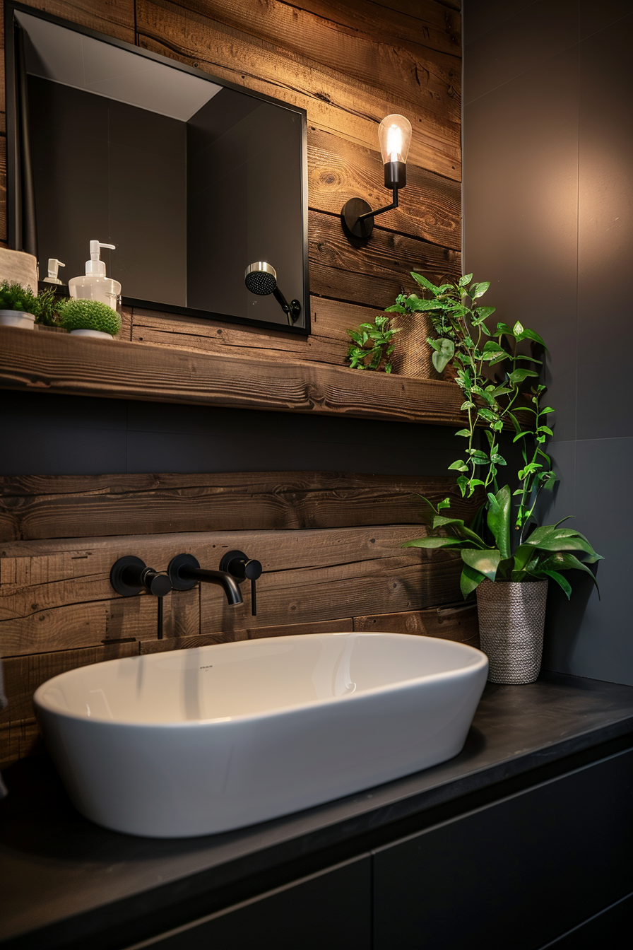 Modern bathroom interior with a white vessel sink, black fixtures, wooden wall, and green potted plant.
