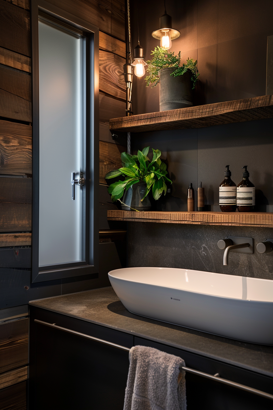 Modern bathroom with dark wood paneling, a white vessel sink, matte black fixtures, and green plants on wooden shelves.