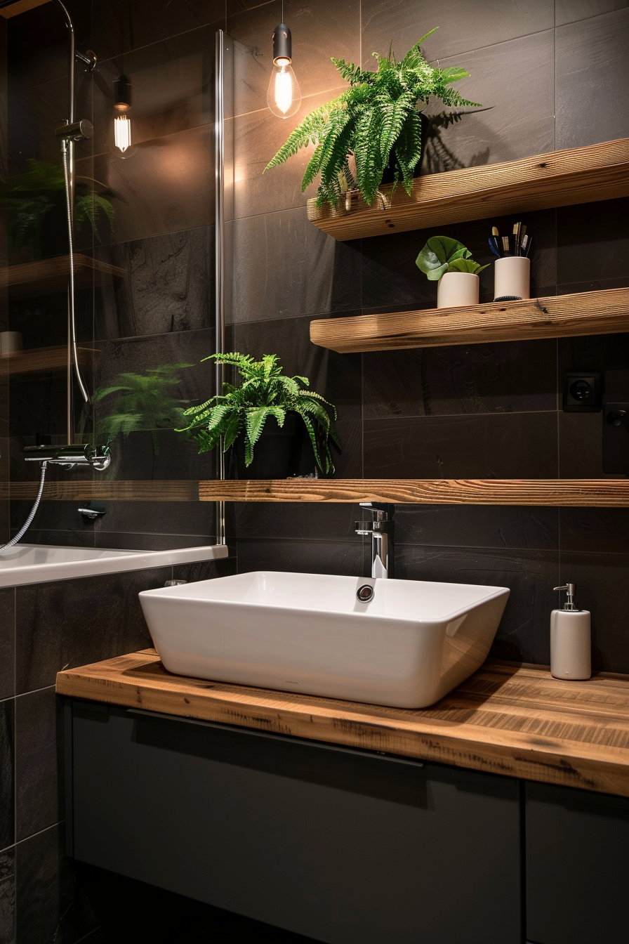 ALT: Modern bathroom with a wooden countertop, vessel sink, two wooden shelves with plants, hanging light bulbs, and a shower area.