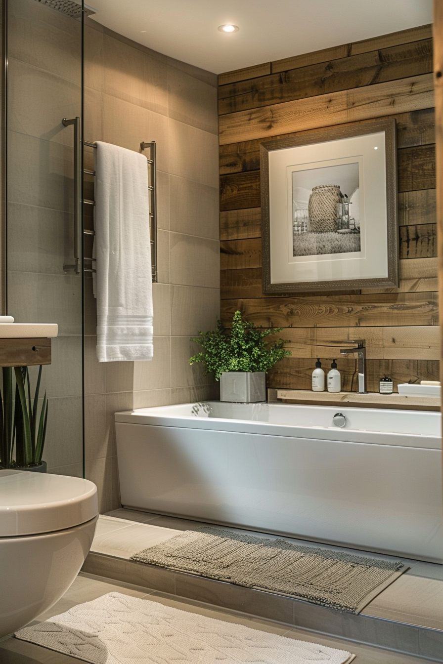 Modern bathroom with wooden accents, a freestanding tub, framed artwork, and a towel on a heated rack.