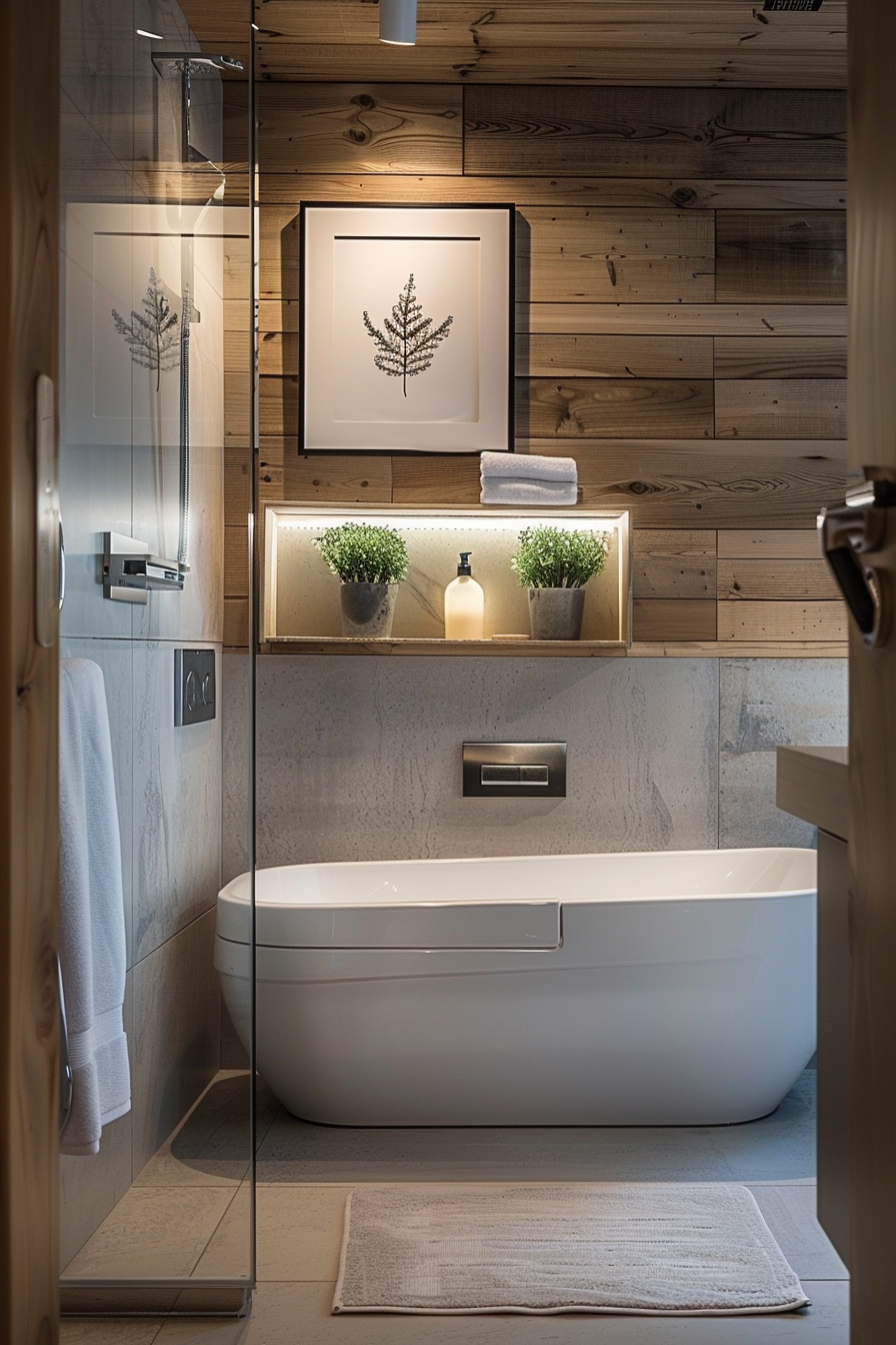 A modern bathroom with wooden walls, a freestanding tub, glass shower, and framed leaf artwork above a lit vanity.
