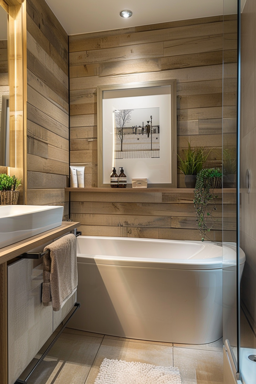 Modern bathroom corner with a bathtub, wooden walls, plants, and a framed picture above the sink.