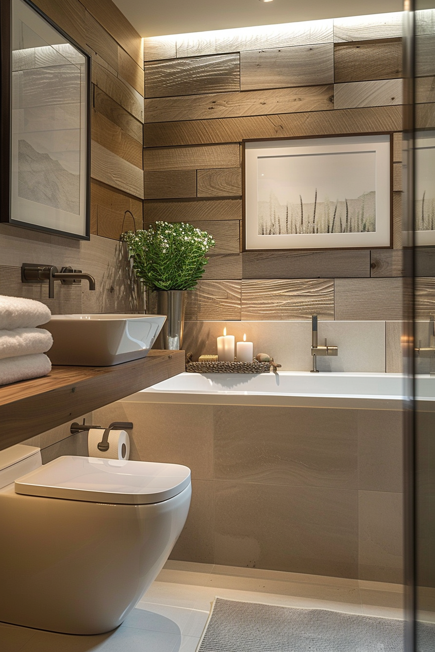 Modern bathroom interior with wood paneling, vessel sink, white towels, lit candles, and art on the wall.