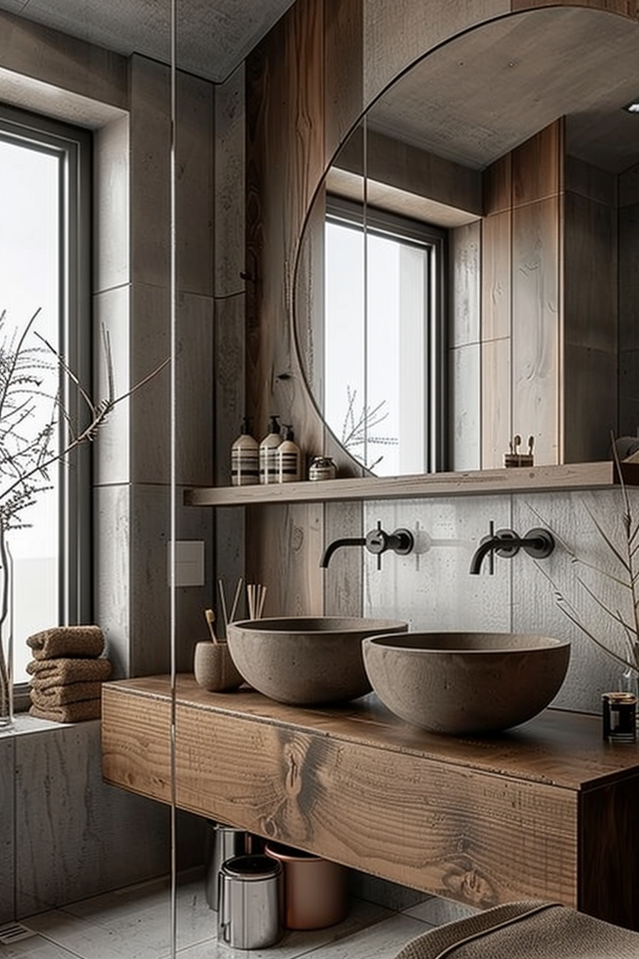 Modern bathroom with wooden elements, twin stone basins, black faucets, and neatly stacked towels by a window.