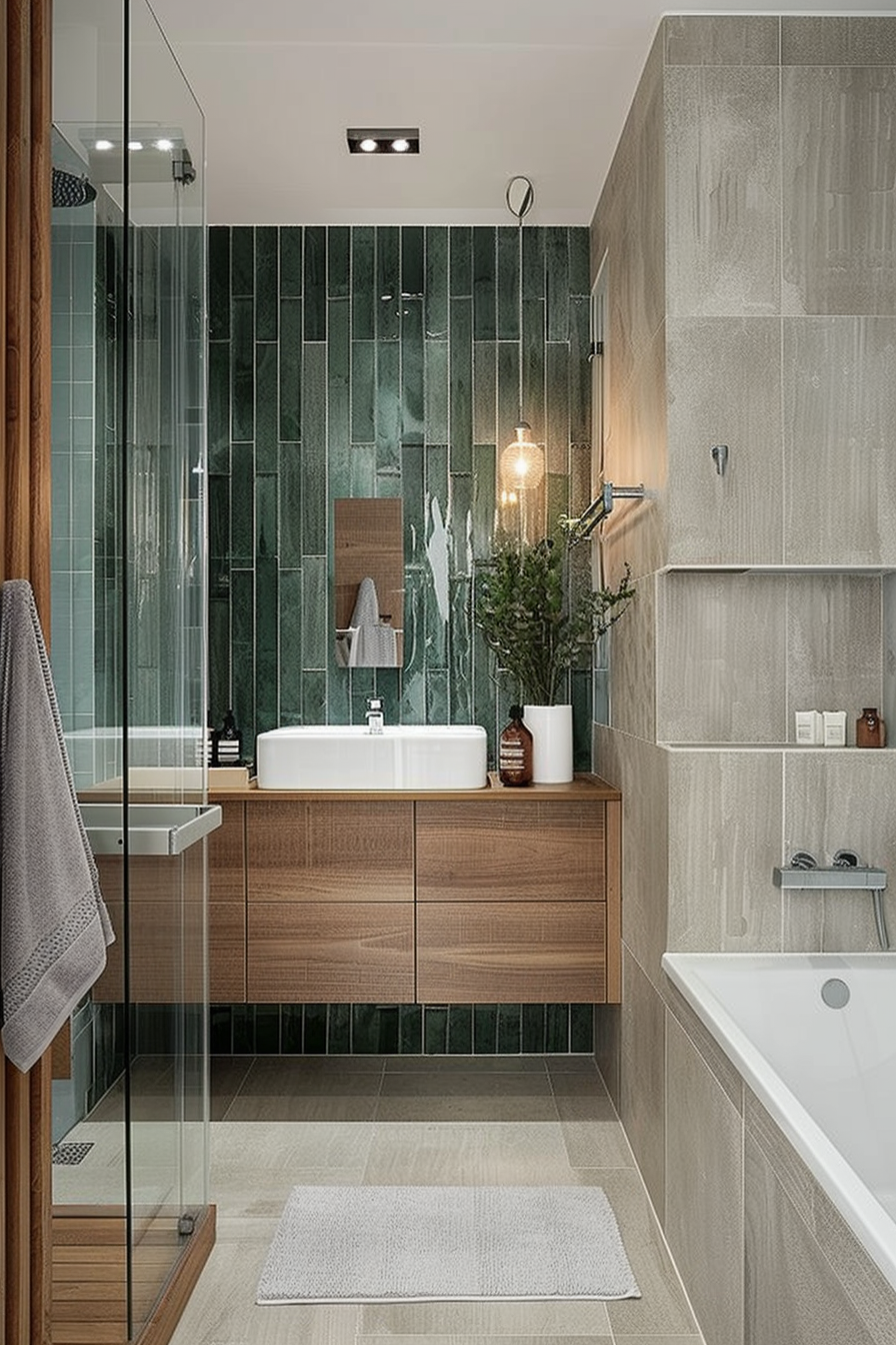 Modern bathroom interior with wood finish vanity, green tiles, glass shower, and white bathtub.