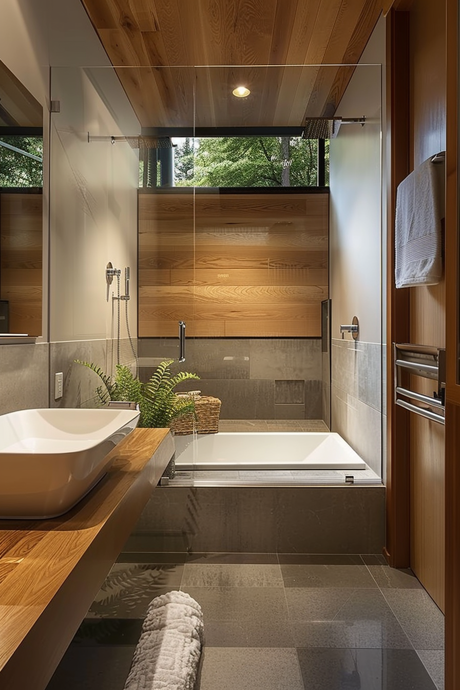 Modern bathroom interior with a wooden countertop, vessel sink, glass shower, and bathtub, with natural light from window.