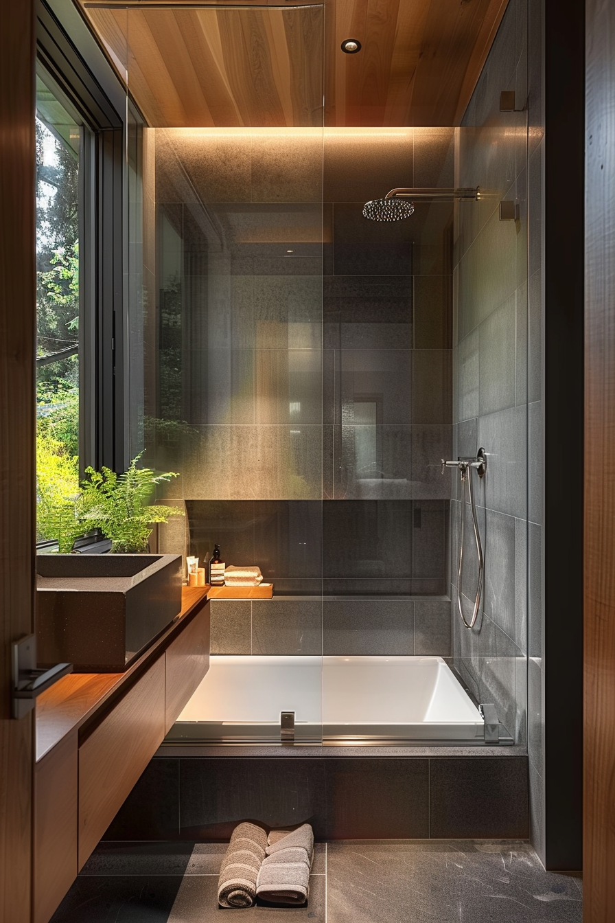 Modern bathroom interior with glass shower, bathtub, towels, and greenery by a window.