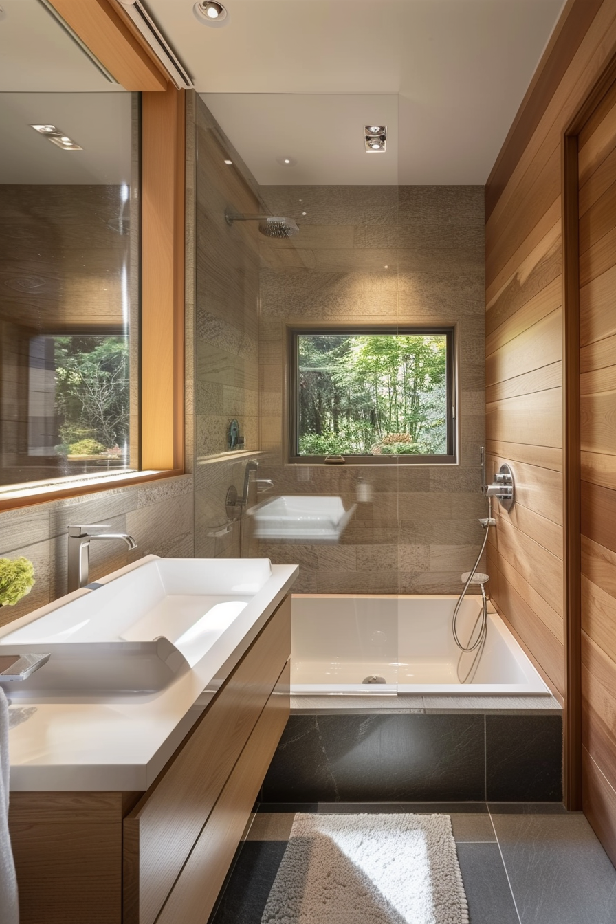 Modern bathroom interior with glass shower, bathtub, and a window view of a green forest.