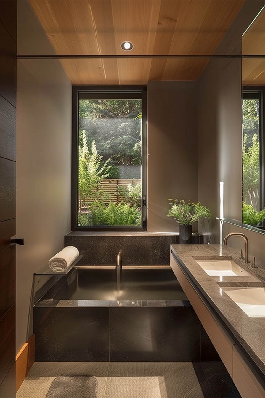 Modern bathroom interior with large window, soaking tub, wooden ceiling, and a view of green plants outside.