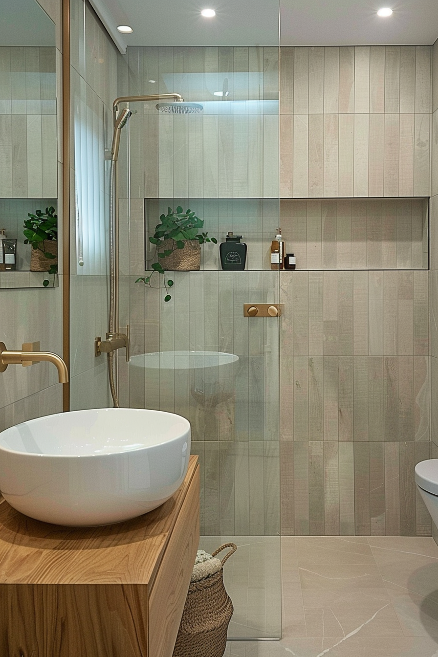 ALT: Modern bathroom with wooden vanity, white basin, gold fixtures, built-in shelves with plants and toiletries, and a glass shower area.