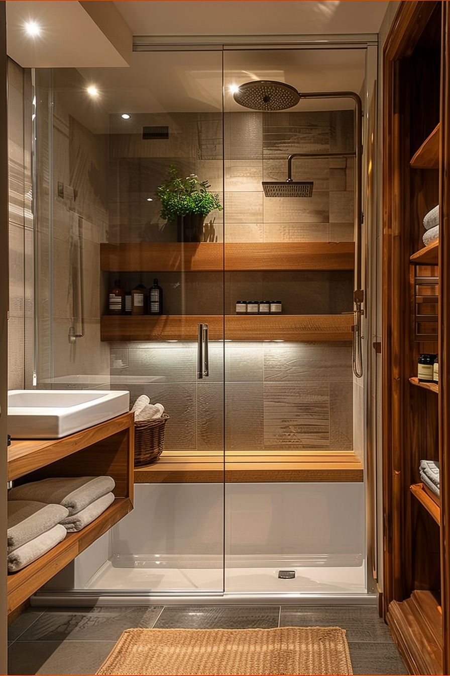 ALT text: Modern bathroom interior with glass shower, wood accents, towels, and green plant decor. Warm lighting enhances the cozy atmosphere.