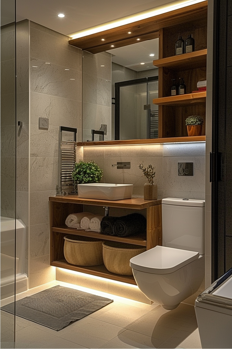 Modern bathroom interior with LED under-cabinet lighting, wooden shelves, a white vessel sink, and a large mirror.