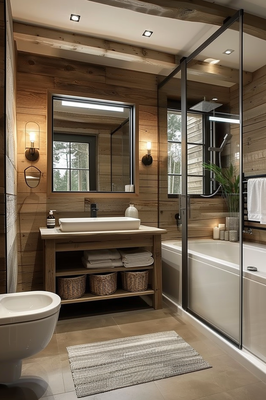 Modern bathroom interior with wooden walls, a glass shower, white basin on wooden vanity, and a toilet. Warm lighting with outdoor view.