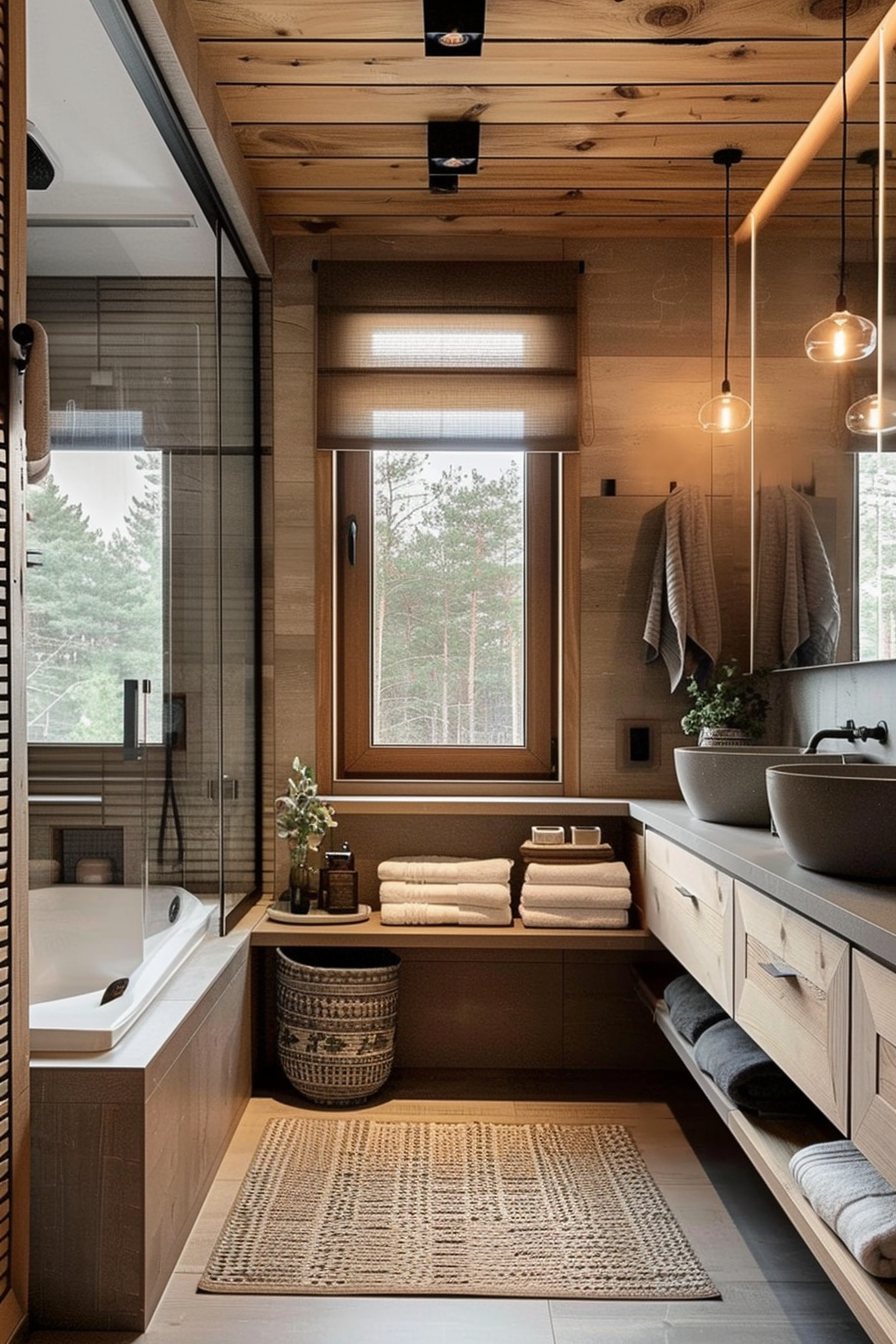 ALT: Modern bathroom interior with natural wood finish, walk-in shower, hanging glass pendant lights, and a window with a forest view.