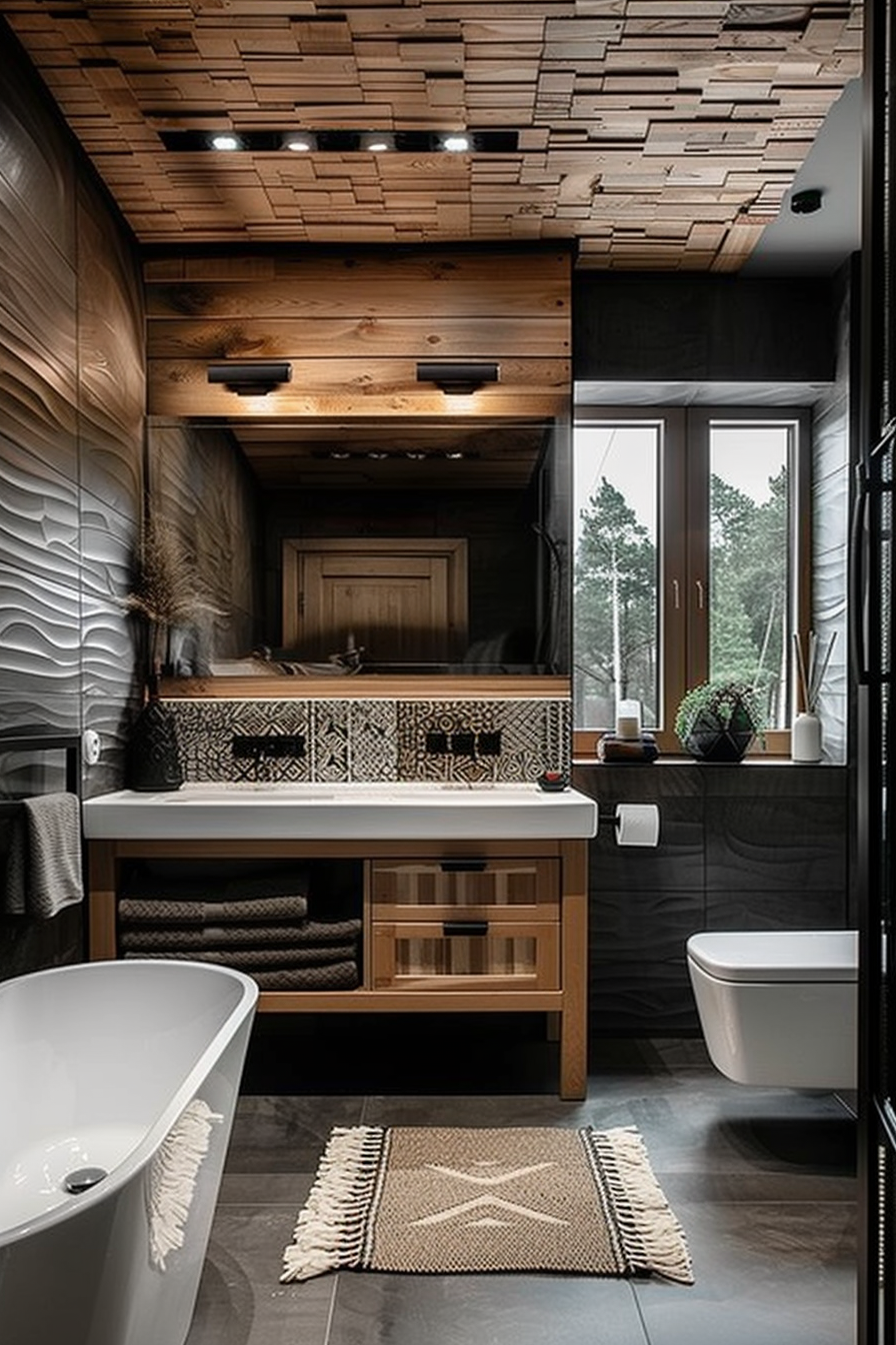 Modern bathroom interior with wood accents, freestanding bathtub, textured wall, and patterned tiles.