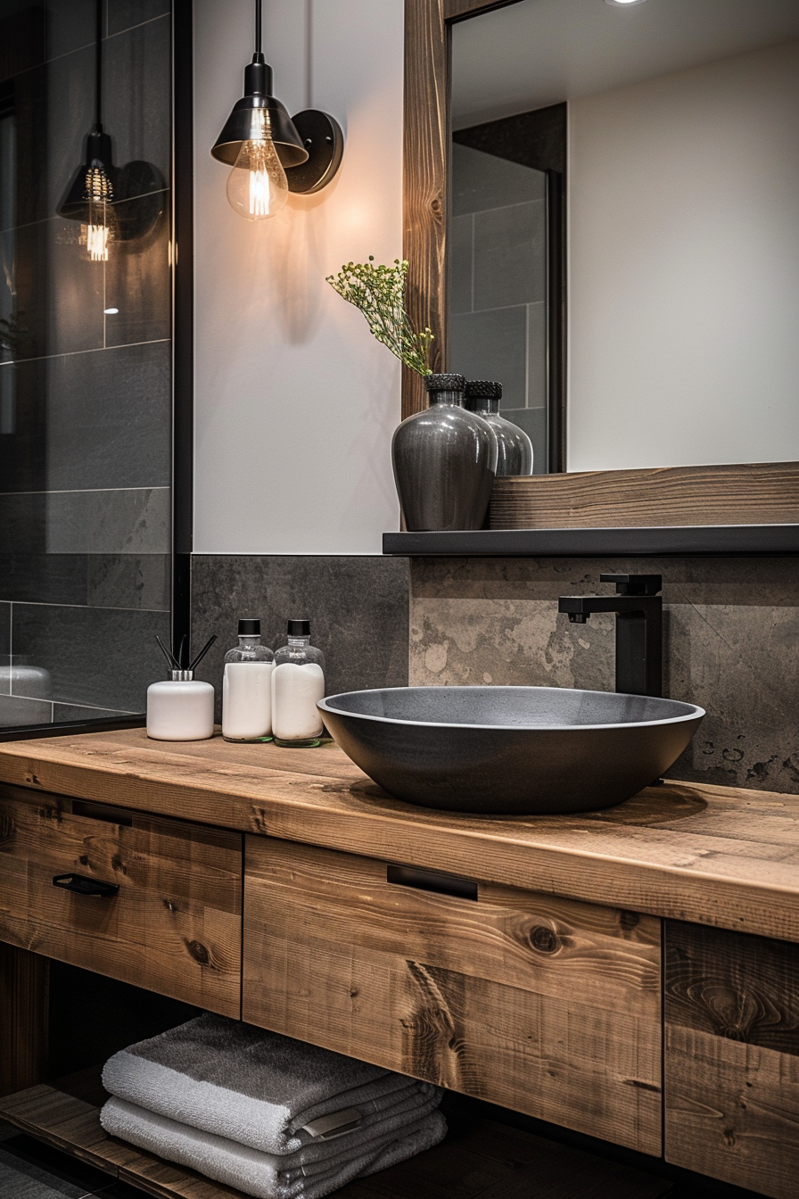 Modern bathroom interior with a round basin on a wooden vanity, pendant lights, and a large mirror reflecting a tiled wall.