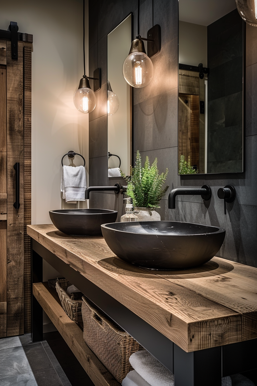 Modern bathroom interior with dual black basins on wooden vanity, wall mirrors, and hanging clear bulb lights.