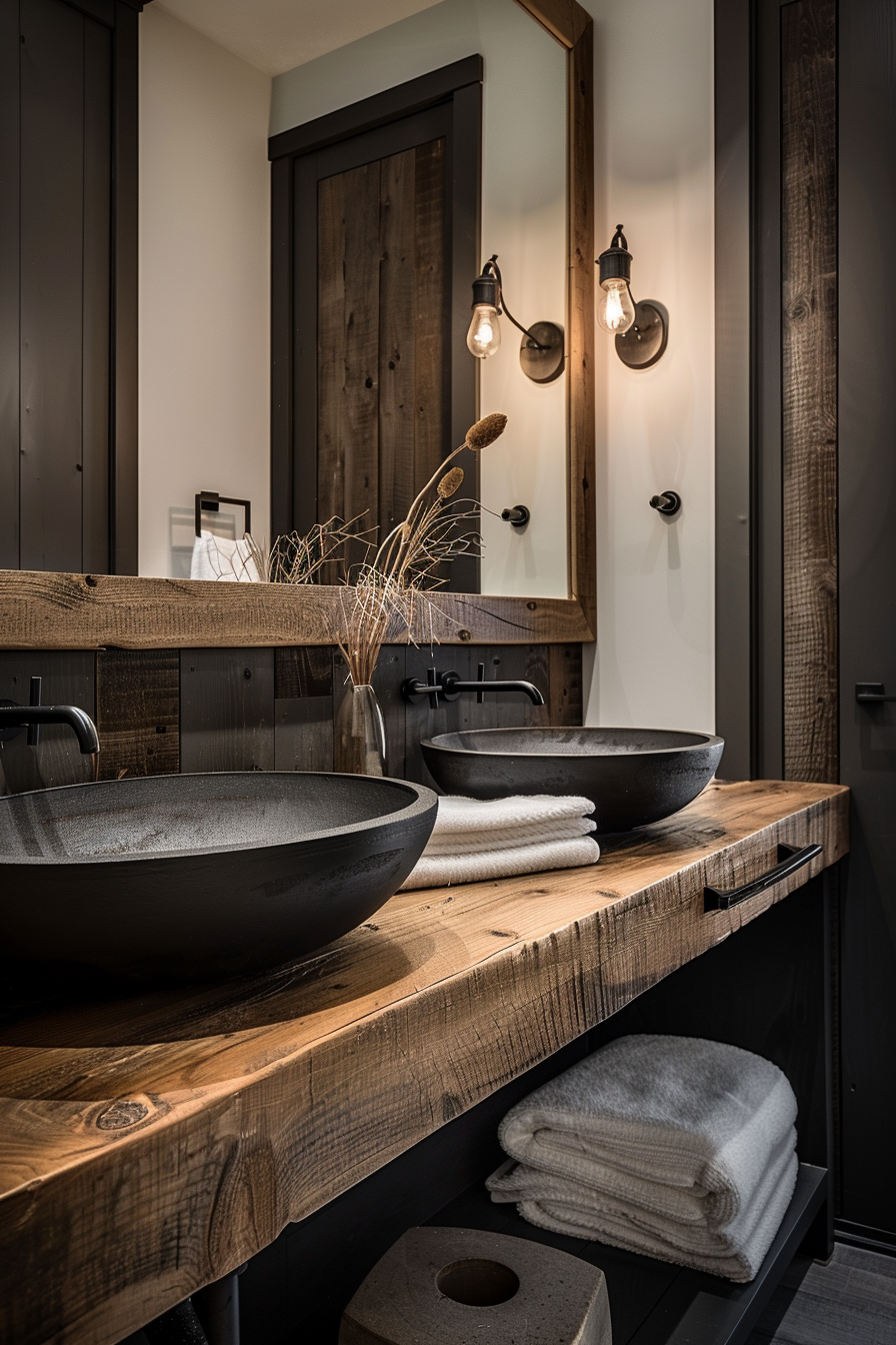 Alt text: Modern rustic bathroom vanity with two vessel sinks, wall-mounted faucets, Edison bulb sconces, and neatly stacked white towels.