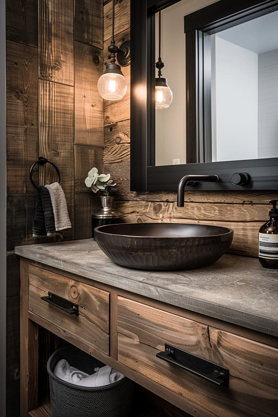 ALT: A rustic bathroom vanity with a wood finish, featuring a round vessel sink, wall-mounted faucet, and pendant lights, against a wooden wall.