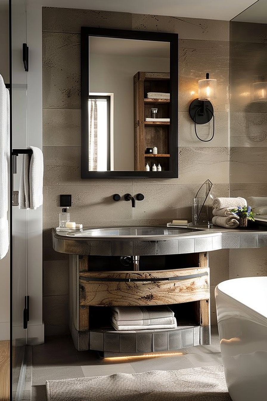 Modern bathroom with rustic wooden vanity, wall-mounted faucet, round mirror, and soft lighting.