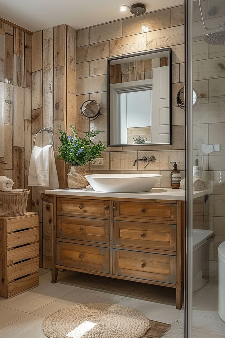 A modern bathroom with wooden walls, vanity cabinet, vessel sink, mirror, and shower stall with glass door.