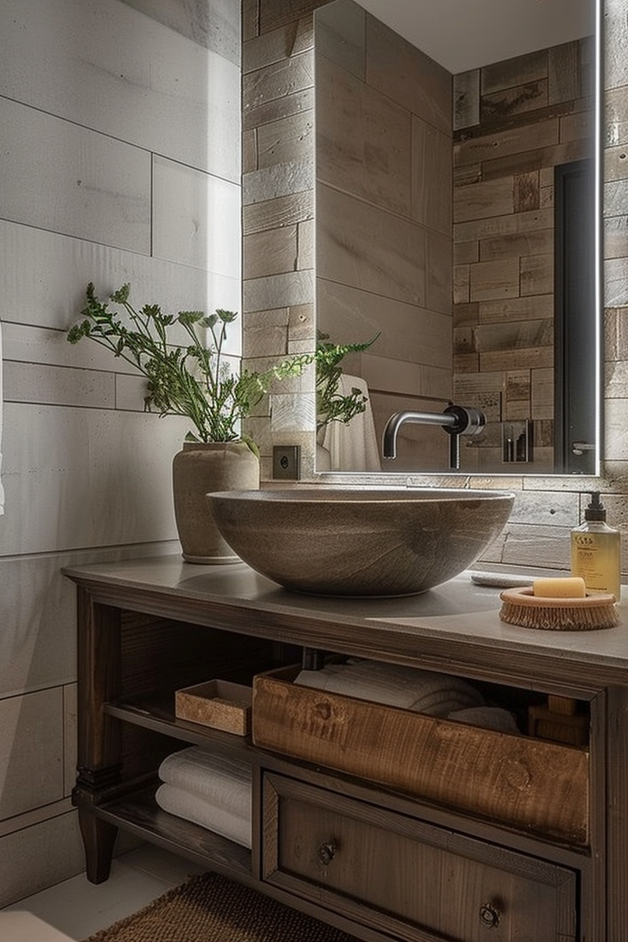 A modern, rustic bathroom vanity with a stone basin, wooden drawers, fresh greenery in a vase, and bathroom accessories.