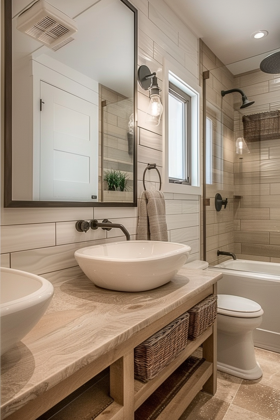 Modern bathroom interior with a vessel sink, large mirror, wall sconces, tiled shower, and a toilet. Warm lighting complements the earthy tones.