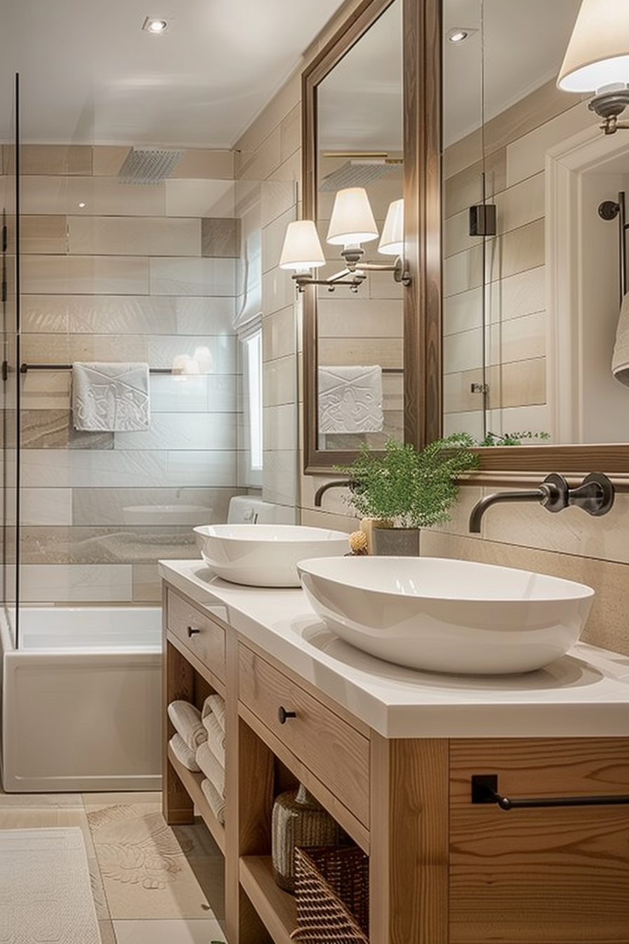 Modern bathroom interior with dual vessel sinks, wooden vanity, glass shower, and beige tiles.