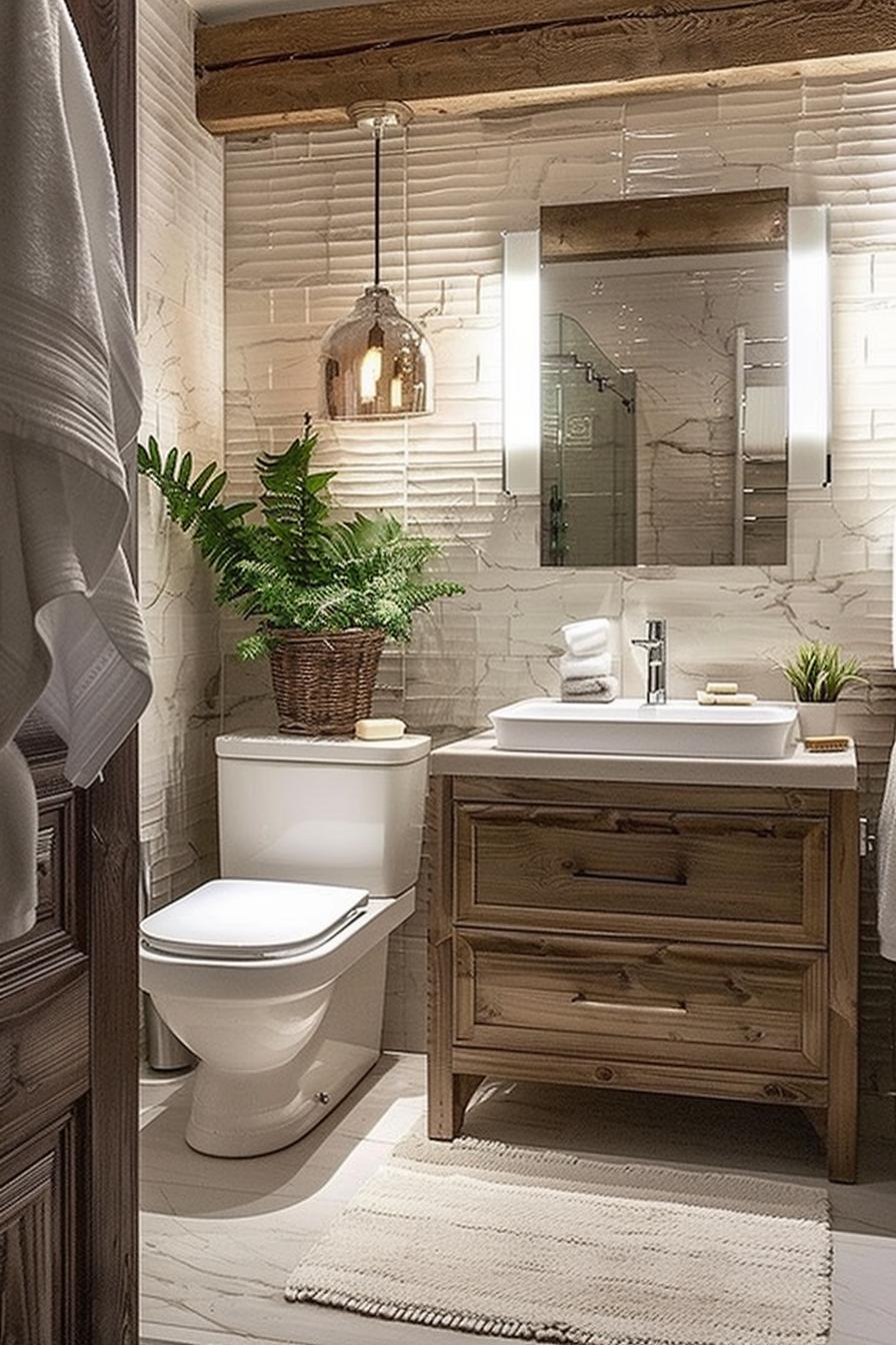 ALT text: A cozy bathroom interior with wooden accents, featuring a toilet, a wooden vanity with a basin, mirror, and a pendant light.
