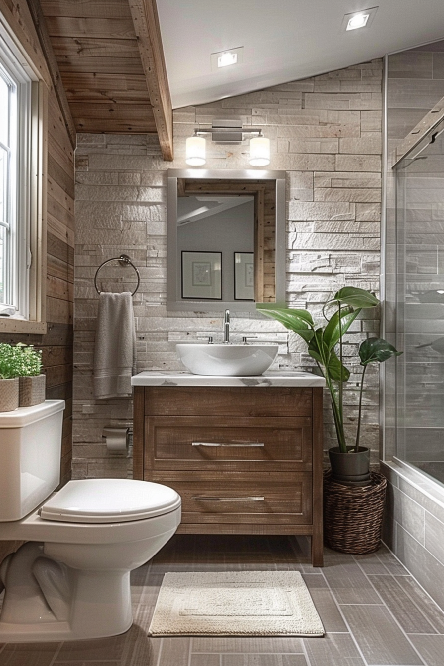 A modern bathroom featuring wood accents, a white vessel sink, framed mirror, glass shower, and a green plant.