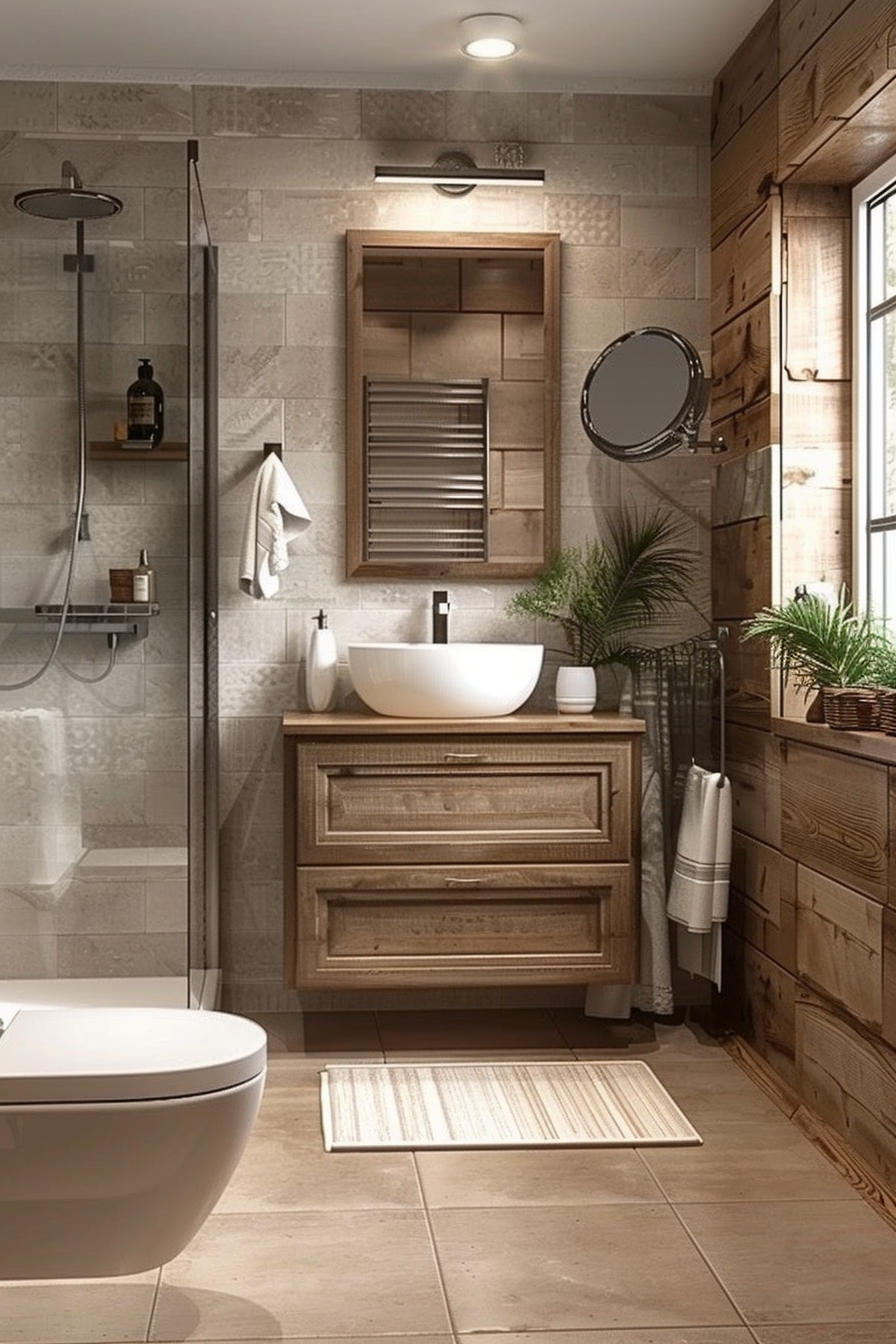 Modern bathroom interior with a freestanding tub, wooden vanity unit, and a walk-in shower with glass enclosure.