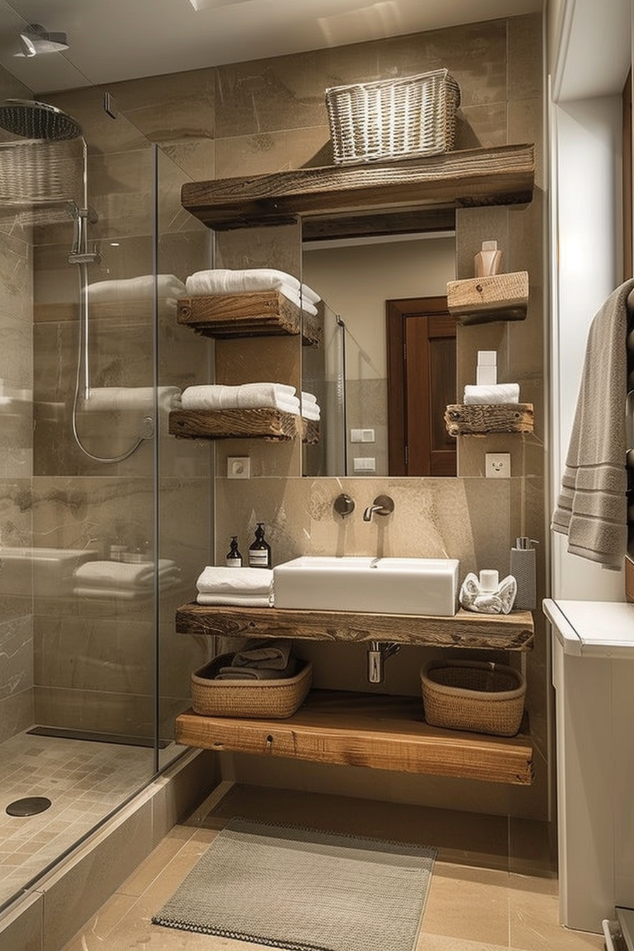 Modern bathroom interior with a glass shower, wooden shelves holding towels and baskets, a sink, and beige tiles.