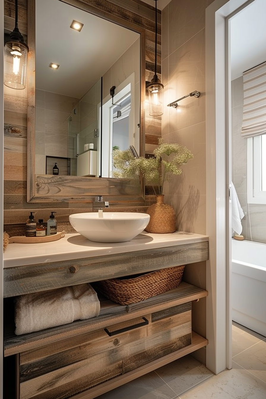 ALT: A cozy bathroom interior with a wooden vanity, vessel sink, large mirror, pendant lights, and a woven basket for storage.