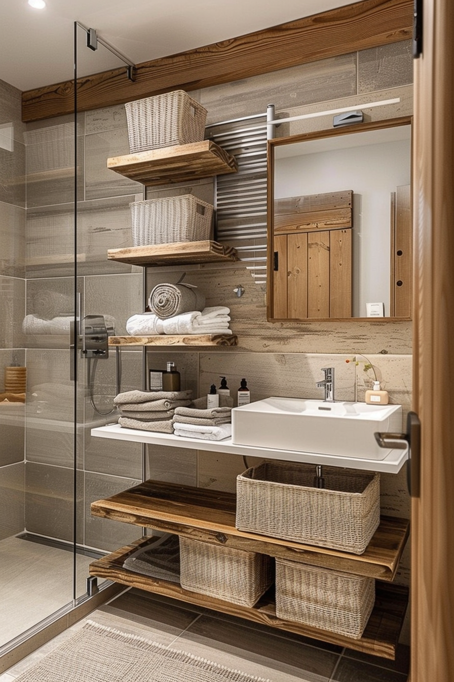 Cozy bathroom interior with wooden shelves, wicker baskets, towels, a glass shower enclosure, and a wooden cabinet.