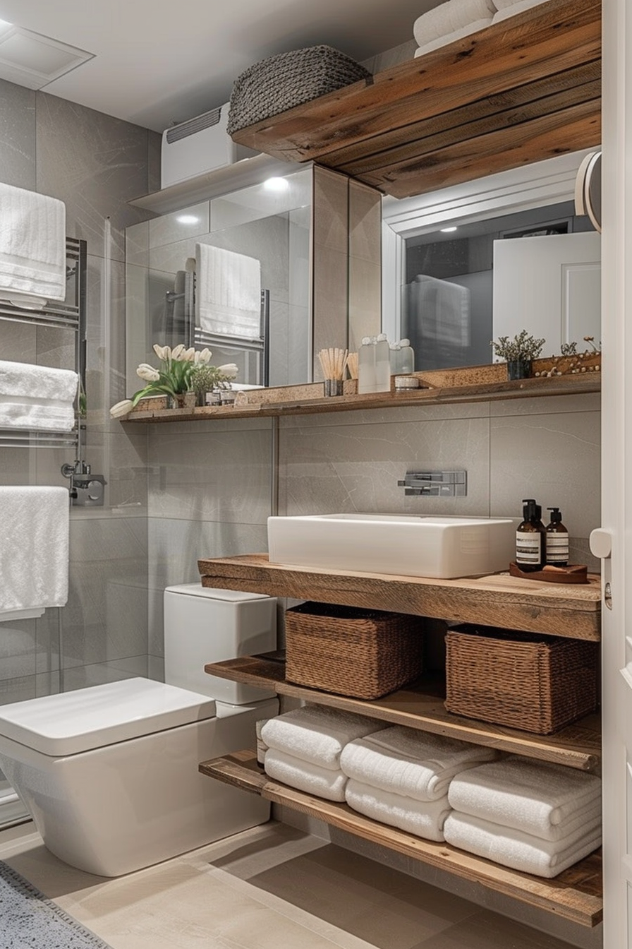 Modern bathroom interior with floating vanity, mirror, walk-in shower, toilet, and wooden shelves stocked with towels and baskets.