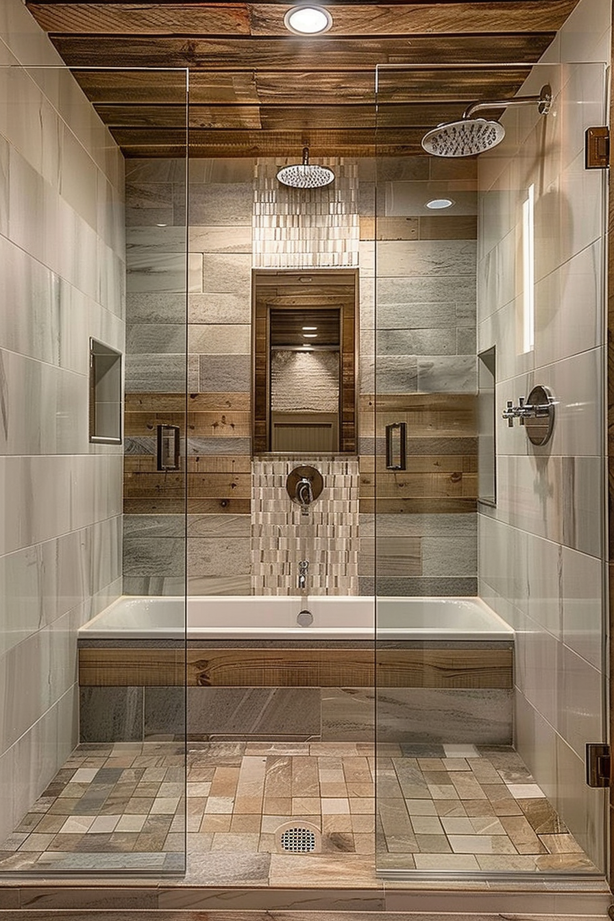Modern bathroom with glass shower, wooden accents, and a rainfall showerhead.