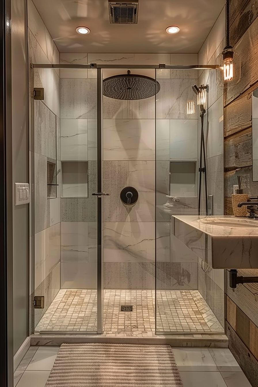 ALT: Modern bathroom with a glass shower enclosure, large rain shower head, marbled tiles, wooden accents, and vintage-style lighting.