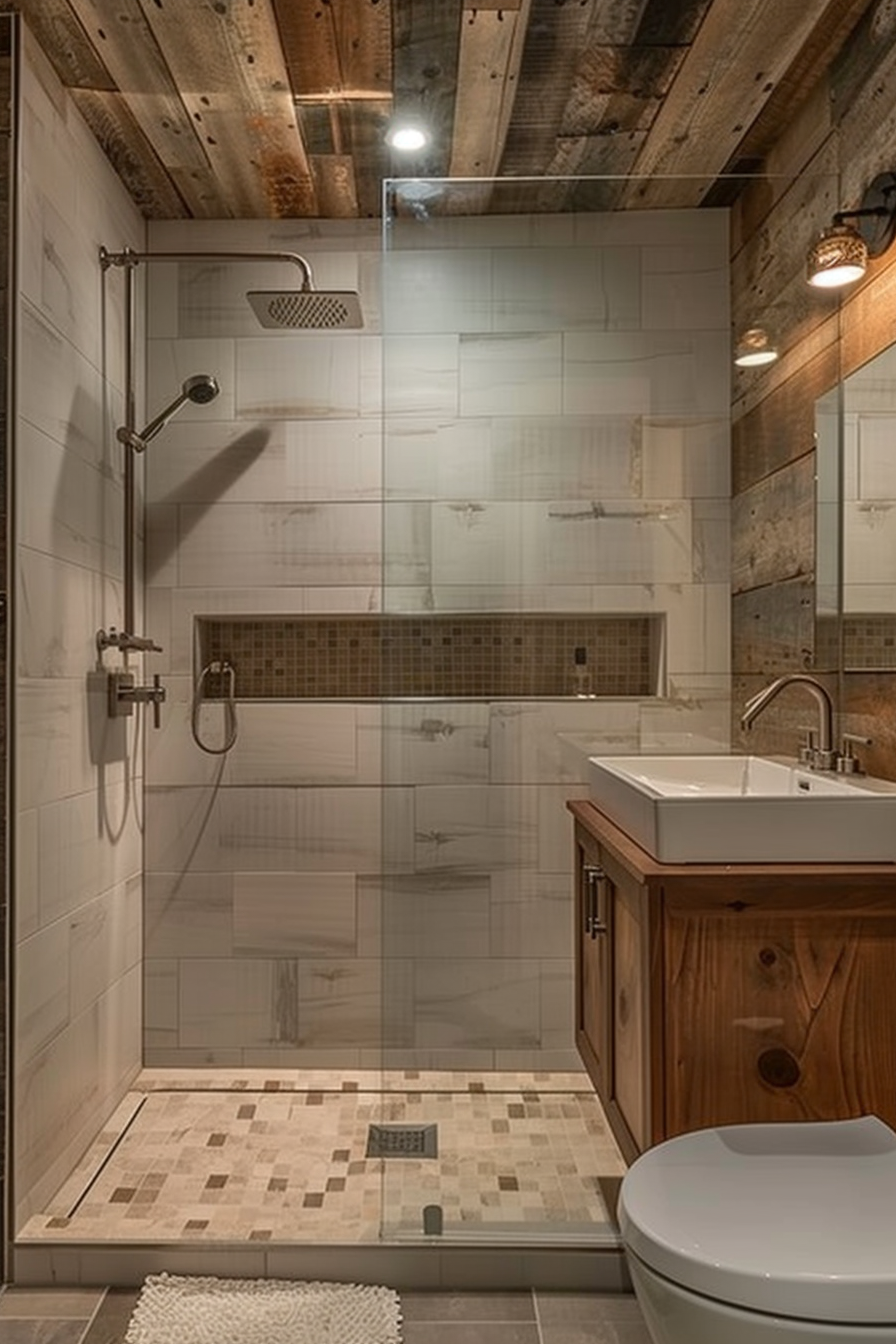A modern bathroom featuring a walk-in shower with glass doors, tiled walls, wooden accents, and a white sink and toilet.
