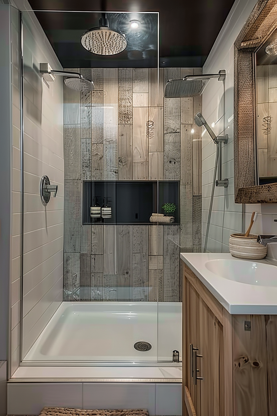 Modern bathroom with a glass-enclosed shower, wood-like tile walls, rainfall showerhead, and a white vanity with wooden cabinets.