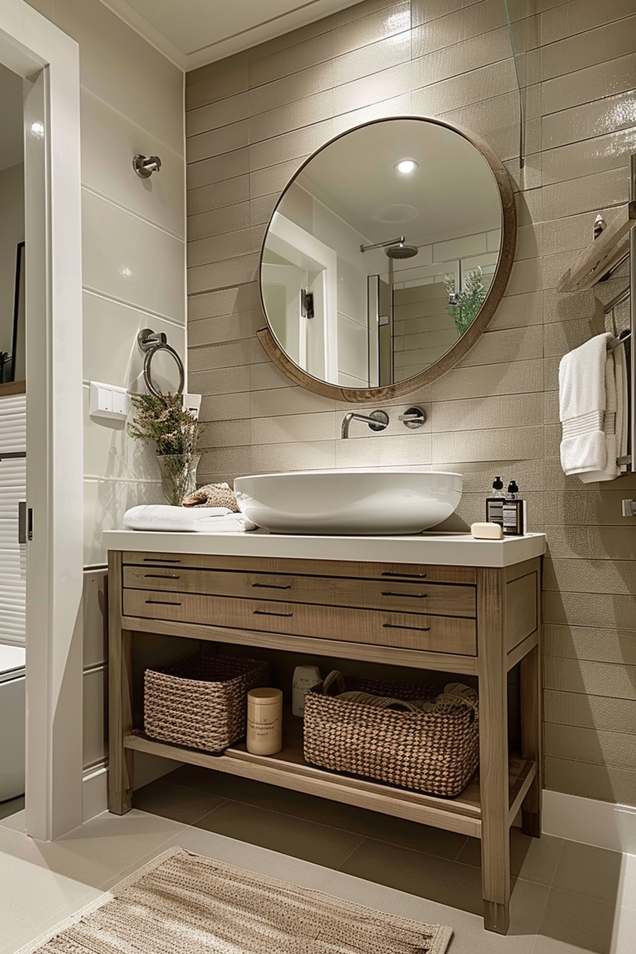 Modern bathroom interior with a round mirror, white basin on a wooden vanity, wicker baskets, and beige tiled walls.