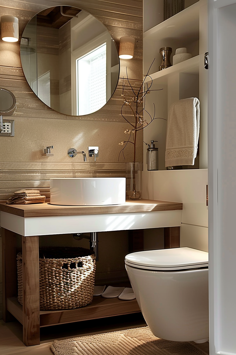ALT Text: "Modern bathroom interior with a wooden countertop sink, large round mirror, decorative lighting, and a white toilet beside woven storage."