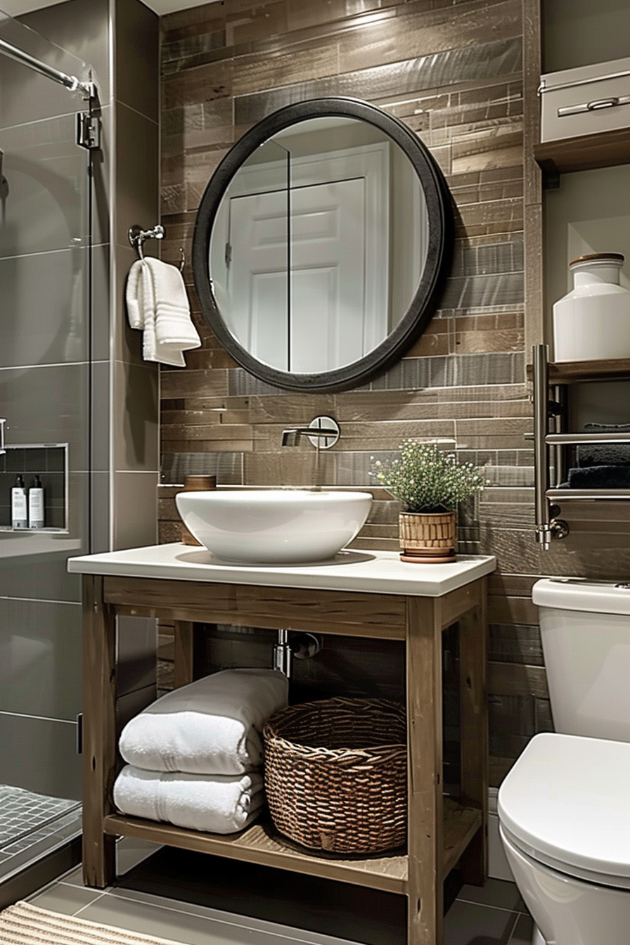 Modern bathroom interior with a round mirror, wooden vanity, vessel sink, towels, and shower visible in the reflection.