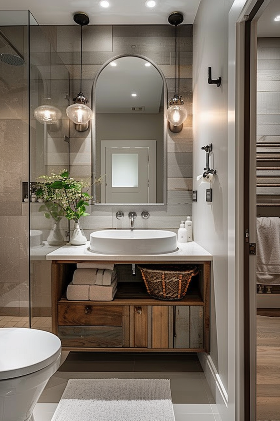 An elegant bathroom with a double vanity, arched mirror, pendant lights, and a mix of wooden textures and grey tiles.