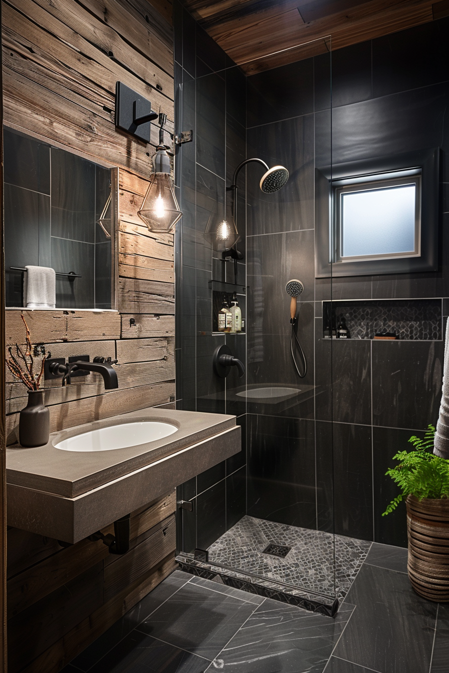 Modern bathroom with dark tiles, wooden accents, a walk-in shower, and stylish lighting fixtures.