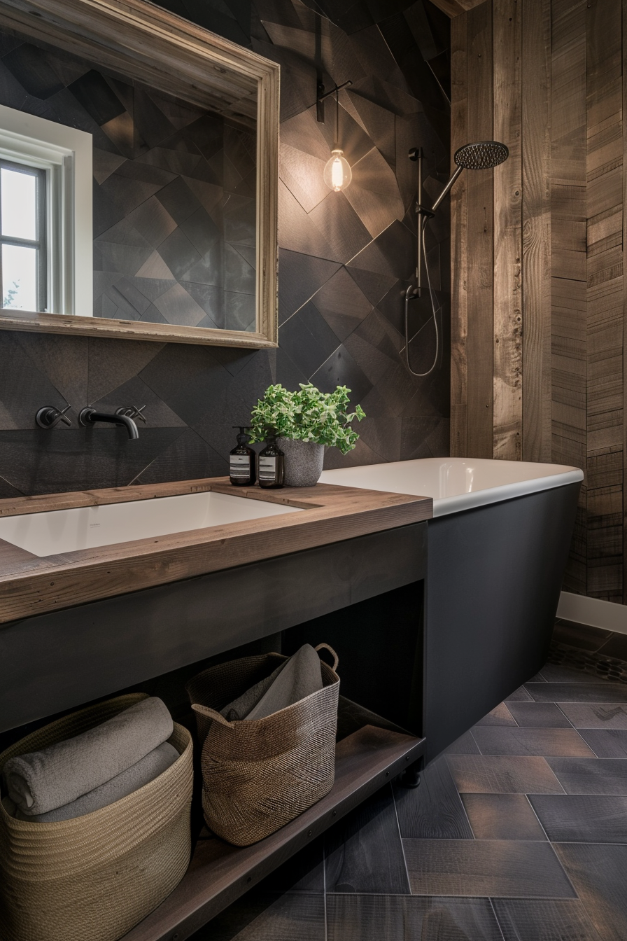 ALT: Modern bathroom with herringbone pattern wooden walls, a floating vanity with a large mirror, a freestanding tub, and exposed light bulbs.