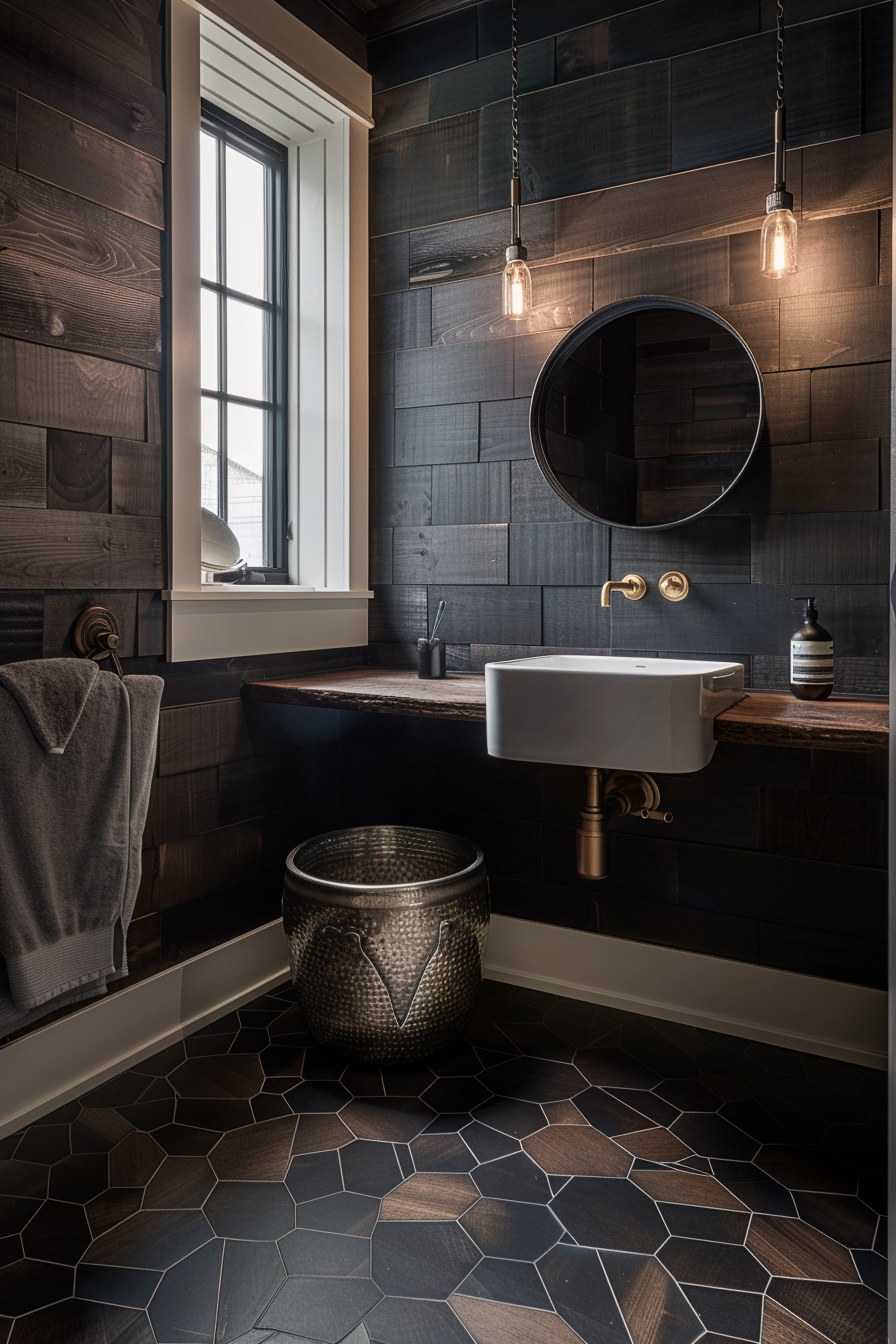 Modern bathroom interior with dark wood paneling, geometric floor tiles, a rectangular basin, hanging bulbs, and a round mirror.